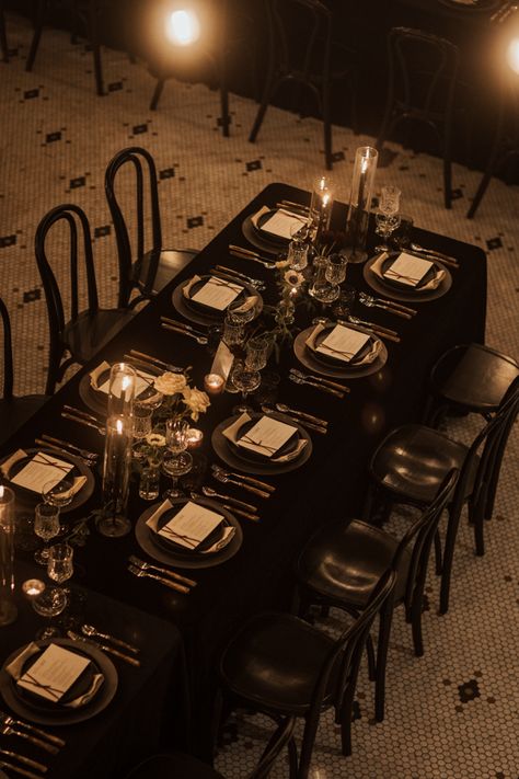 Dark and moody wedding with candles and black accents Vintage Moody Wedding Decor, Alternative Wedding Aesthetic, Elegant Moody Wedding, Black Wedding Aesthetic Decor, Dark Victorian Wedding, Whimsy Goth Wedding, Halloween Wedding Ideas Classy, Wedding Aesthetic Dark, Dark Vintage Wedding