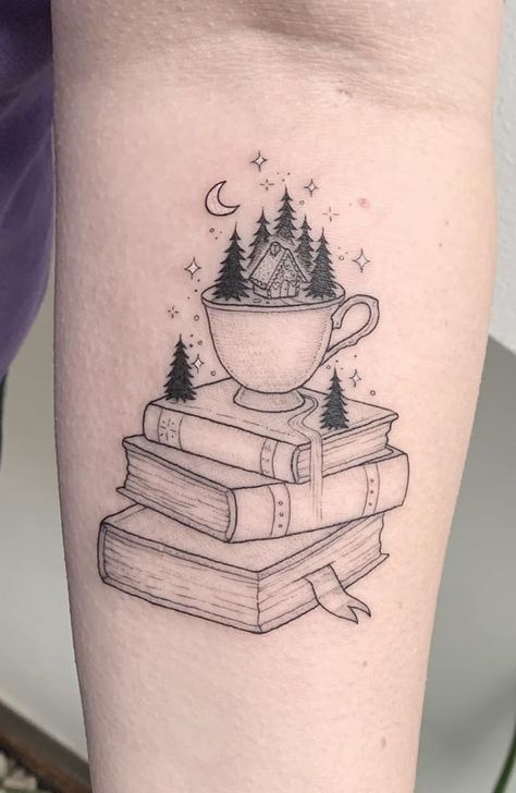 Book Tattoo Ideas, Tea Tattoo, Teacup Tattoo, Bookish Tattoos, Simple Tattoos For Women, Thigh Tattoos Women, Tattoo Ideas Female, Classy Tattoos, Book Tattoo