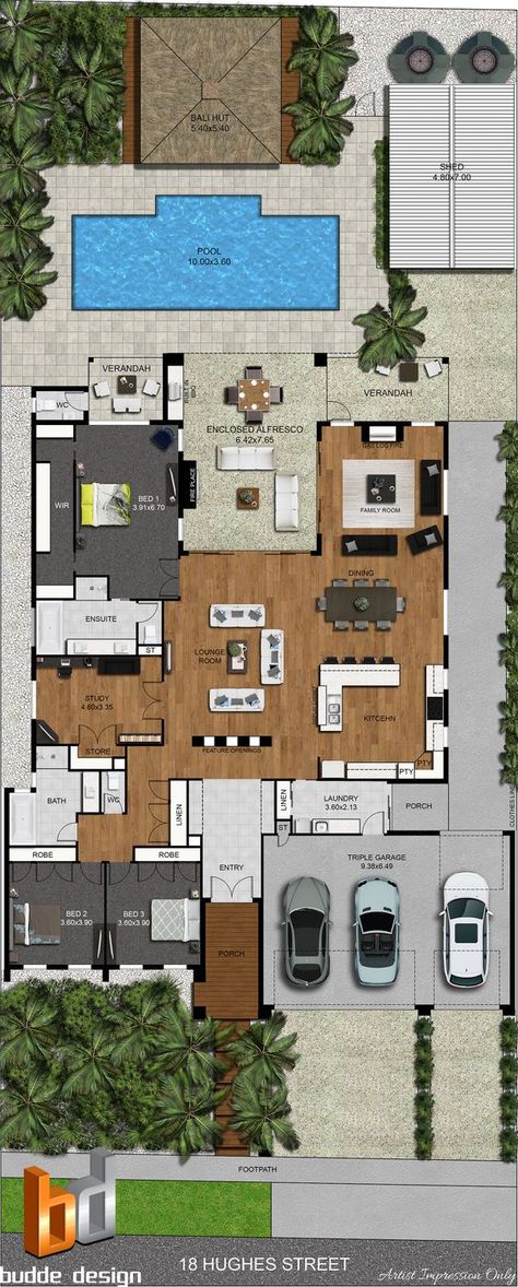 Bali Hut, Triple Garage, Bali Huts, Living Pool, Pelan Rumah, Australia House, Custom Floor Plans, Plan Image, Pool Outdoor