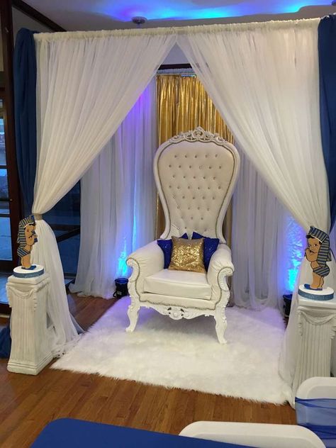 Prince Pharaoh Baby Shower | CatchMyParty.com Bridgerton Halloween, Royalty Baby Shower, Royalty Theme, Baby Shower Chair, Egyptian Party, Egyptian Theme, Royal Theme, Boy Baby Shower Ideas, Royal Ball