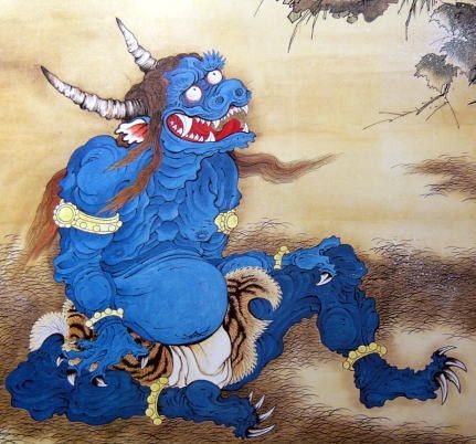 Inspirational Art for the Moku Hanga Project – A Vol d'Oiseau Japanese Mythical Creatures, Japanese Yokai, Oni Demon, Japanese Oni, Japanese Monster, Blue Demon, Japanese Mythology, Japanese Drawings, Japanese Folklore