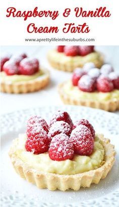 Delicious Raspberry & Vanilla Cream Tarts made with a shortbread crust, vanilla cream filling and fresh raspberries on top! Make Ahead Pastries, Cute Spring Desserts, Pretty Dessert Recipes, Tea Tarts, Vanilla Bean Cream, Mini Tart Recipes, Cream Tarts, Vanilla Cream Filling, Fruit Tart Recipe