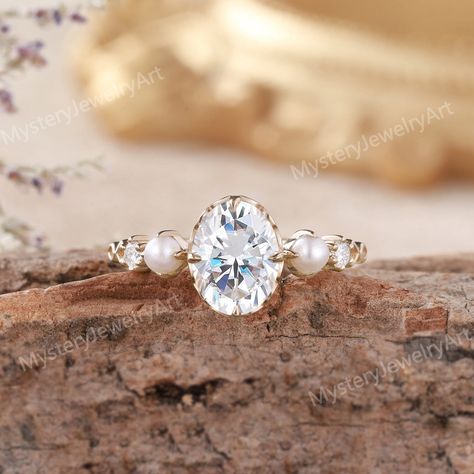 Pearl And Moissanite Engagement Ring, Oval Engagement Ring With Pearls, Diamond Engagement Ring With Pearls, Oval And Pearl Engagement Ring, Oval Diamond And Pearl Engagement Ring, Pearl Accent Engagement Ring, Engagement Ring Pearl And Diamond, Vintage Engagement Rings Platinum, Diamond And Pearl Engagement Ring Vintage