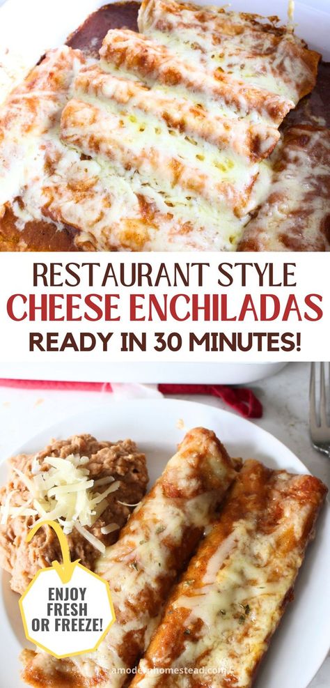 2 homemade cheese enchiladas on a white plate with a side of refried beans, the tray of cheese enchiladas in the background with a text overlay that says restaurant style cheese enchiladas ready in 30 minutes enjoy fresh or frozen Enchiladas Restaurant Style, Cheese Enchilada Recipe, Authentic Carne Asada Recipe, Authentic Enchilada Sauce, Easy Cheese Enchiladas, Red Chicken Enchiladas, Homemade Red Enchilada Sauce, Enchiladas Corn Tortillas, Corn Tortilla Recipes