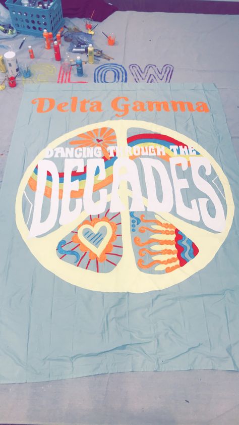 Insta: @jessica.dorey 70’s dancing through the decades rainbow mint yellow white orange sorority Delta Gamma Dance Marathon Themes, Rush Themes Sorority, Dancing Through The Decades, Adpi Graphics, Delta Gamma Recruitment, Sorority Social Themes, Sisterhood Activities, Recruitment Decorations, Choir Shirts