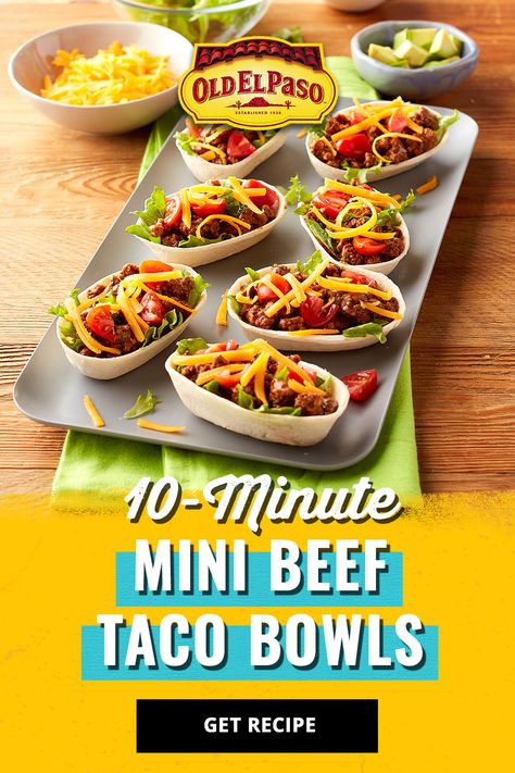 Tortilla Bowls Recipes, Beef Taco Bowls, Taco Bowl Recipe, Tortilla Bowls, Taco Time, Beef Taco, Taco Bowls, Delicious Appetizer Recipes, Soft Tacos