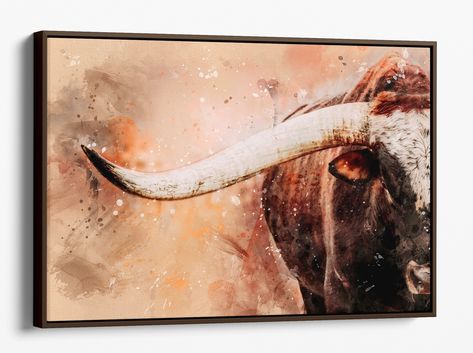 Longhorn Watercolor, Longhorn Canvas, Longhorn Art, Cow Wall Decor, Western Living Room, Longhorn Bull, Modern Cowboy, Classic Cowboy, Cowboy Theme