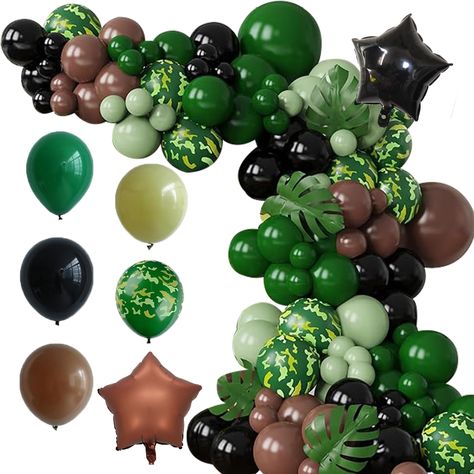 PRICES MAY VARY. 1.【PACKAGE INCLUDE】：41 dark green latex balloons, 30 light green latex balloons, 31 brown latex balloons, 20 black latex balloons, 10 camouflage latex balloons 2 black pentagrams, 2 brown pentagrams. 2.【PREMIUM MATERIAL】: Our party balloons are made of natural latex, non-toxic. All materials are of high quality and good safety. 3.【WIDELY APPLICATIONS】: The balloon arch kit is perfect for army party, birthday party, camouflage party, camping party, hunting party, soldier theme pa Army Balloon Decorations, Hunting Decorations Party, Army Party Decorations, Camouflage Birthday Party, Jungle Themed Party, Camo Birthday Party, Camouflage Party, Balloon Pillars, Camo Birthday