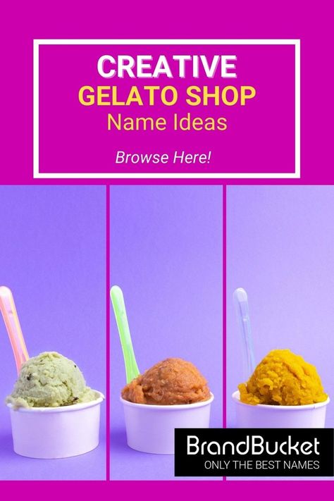 This curated and catchy list of gelato shop name ideas will give you the inspiration you need to get started with your own gelato business. Check out the names now! gelato shop names, gelato shop name ideas, ice cream shop names, ice cream shop names ideas, ice cream shop names logo, ice cream shop names business, brand name generator, business name ideas unique, clever startup name, catchy business name Gelato Business, Business Name Ideas Unique, Ice Cream Shop Names, Cake Shop Names, Name Ideas Unique, Logo Ice Cream, Gelato Brands, Sweet Business, Bakery Names