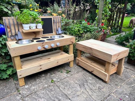 Woods Mud Kitchens Accessory Table  This table will transform any mud kitchen giving hours of endless muddy play.  Adds an extra workspace to extend your Mud Kitchen area for more space to play and explore.  Measurements:  Length - 75cm  Width - 44cm  Height - 50cm  Made with sustainably sourced outdoor treated wood. Any questions please don't hesitate to ask :) Mud Kitchen Area, Mud Kitchen For Kids, Mud Kitchens, Mud Kitchen, Kids Kitchen, Kitchen Area, Jan 11, Double Sink, Handmade Wood