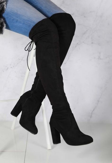 Long Boots With Heels, Heels Boots Outfit, Storage Shoes, High Boots Outfit, Black High Boots, Knee Length Boots, Shoes Outfit Fashion, Faux Suede Boots, Black Knee High Boots