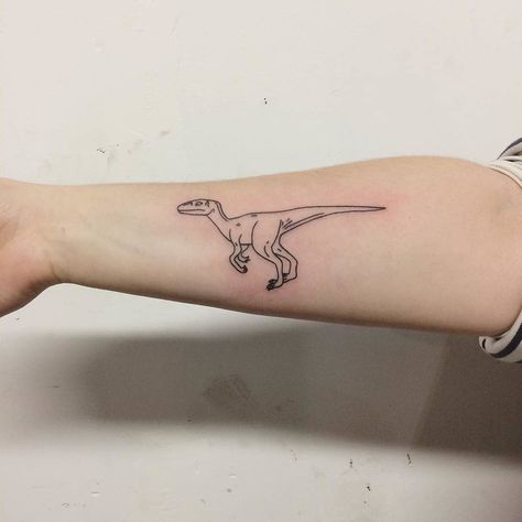 Lovely outline little dinosaur tattoo on the right forearm Small Tattoos Dinosaur, Jurassic Park Tattoo, T Rex Tattoo, Dinosaur Tattoo, Dinosaur Tattoos, Handpoke Tattoo, Tattoo Convention, Tattoo For Son, Top Tattoos