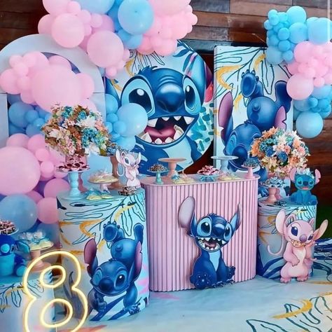 Stitch And Angel Decorations, Uma Birthday Party Ideas, Stitch And Angel Party Decorations, Cumple De Stitch Ideas, Stitch And Angel Birthday Party, Stitch Themed Birthday Party, Lilo And Stitch Cake, Lilo And Stitch Merchandise, Stitch Cake