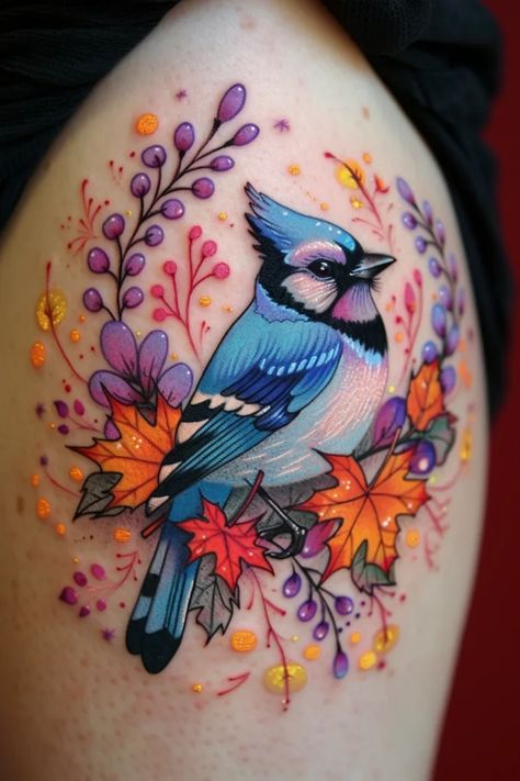 Discover the beauty of blue jay bird tattoos with our collection that includes traditional and simple designs suitable for women. Whether you prefer a small black and white ink or a detailed colorful tattoo, these blue jay bird tattoo ideas are sure to inspire your next body art. Incorporate the elegance and symbolism of the blue jay into your tattoo design for a unique and meaningful piece that showcases your love for nature. Elephant Tattoos Color, New School Bird Tattoo, Birds And Butterflies Tattoo, Blue Jay Bird Tattoo, Color Sleeve Tattoo Women, Color Bird Tattoo, Jay Bird Tattoo, Bird Tattoo Traditional, Floral Animal Tattoo