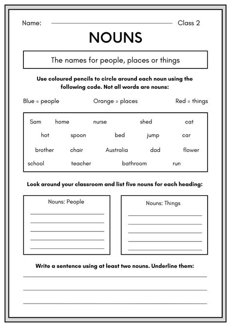 A noun is a word that represents a person, place, thing, or idea. Here are Examples of nouns include horse, monkey, teacher, city, pen etc. Nouns can be singular (referring to one person, place, thing, or idea) or plural (referring to more than one). So, if you are a student of class 2 grade and finding the best noun worksheets. Here is our Top 5 Noun Worksheet for Class 2 with Answers and you download all worksheets in pdf. Noun Worksheet For 5th Grade, Noun Worksheet Class 4, Story For Grade 1, Worksheet For Class 2, Person Place Thing, Types Of Nouns, Nouns Activities, English Nursery, Singular Nouns