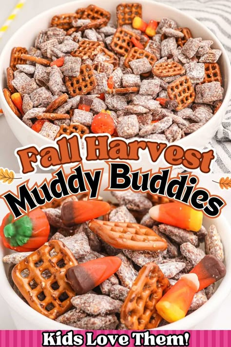 Fall Harvest Muddy Buddies, often called fall puppy chow Chex Mix, is a family favorite munchable, crunchable, sweet, and salty snack with a Fall twist. This quick and easy no-bake recipe can be made in 15 minutes simply by coating Chex cereal with chocolate chips, peanut butter, butter, and powdered sugar, and tossing in candy corn and your favorite Halloween treats. Sweet And Salty Puppy Chow, Fall Puppy Chow Chex Mix Recipe, Halloween Muddy Buddies Puppy Chow, Fall Chex Mix Recipes Puppy Chow, Autumn Mix Candy Corn, Muddy Chex Mix Recipes, Fall Puppy Chow Recipe, Pumpkin Pie Chex Mix Recipe, Muddy Buddies Without Peanut Butter