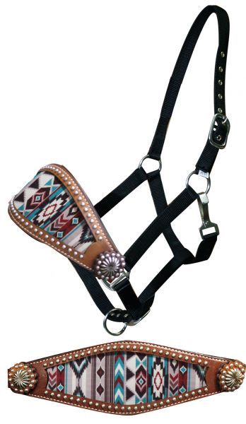 Showman® Navajo diamond bronc halter.  This halter features a wide bronc style noseband with multi colored Navajo diamond print. Noseband is accented with silver studs and conchos. Black nylon with nickel plated hardware and eyelets. Adjustable on crown and nose. Horses Tack, Bronc Halter, Horse Halters, Barrel Racing Tack, Horse Halter, Equestrian Helmet, Horse Things, Western Tack, Western Horse Tack