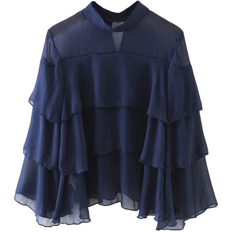 Navy 3\/4 Sleeve Ruffle Detail Sheer Blouse (120 MYR) ❤ liked on Polyvore featuring tops, blouses, 3/4 sleeve tops, flounce tops, ruffle blouse, transparent blouse and ruffle top Stylish Office Wear, Stand Collar Blouse, Womens Fashions, Ladies Chiffon Shirts, Three Quarter Sleeve Blouses, Women Chiffon Blouse, Mode Abaya, Ruffled Blouse, Fashion Tops Blouse