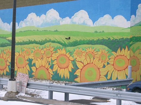 Sunflower mural by tobo, via Flickr Chicken Mural Art, Sunflower Murals, Sunflower Mural, Shop Mural, Farm Mural, Magical Bedroom, Garden Mural, Backyard Fence, Small Sunflower