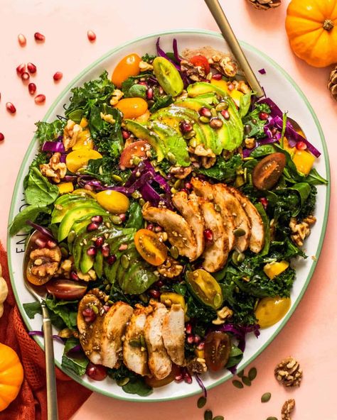 Winter Kale Salad with Grilled Chicken - It's Raining Flour Kale Salad With Chicken, Salad Recipes With Chicken, Chicken Kale Salad, Winter Kale Salad, Kale Chicken Salad, Salad Recipes Gluten Free, Gluten Free Recipes Side Dishes, Gluten Free Pumpkin Recipes, Holiday Salad