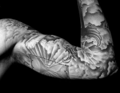 #cloud #tattoo #tattoos #ideas #designs #men #formen #menstattooideas Inner Elbow Tattoos, Cloud Tattoos, Cloud Tattoo Sleeve, Cloud Tattoo Design, Mangas Tattoo, Tattoo Sleeve Filler, Sky Tattoos, Tattoo Shading, Tattoo Filler