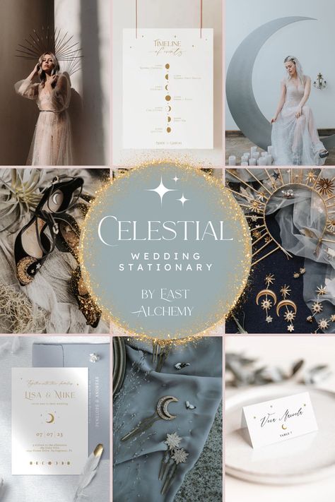 "Among ethereal and celestial forces refined elegance shines the brightest." Under the Moon, Gold Stars and Moon Crescent, Celestial Wedding, Stars and Moon theme. Wedding Moon Theme, Celestial Beach Wedding, Celestial Engagement Party, Celestial Wedding Color Palette, Celestial Wedding Ideas, Blue Celestial Wedding, Celestial Moodboard, Under The Stars Wedding Theme, Moon Theme Wedding