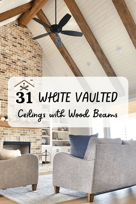 The simplicity of a white vaulted ceiling with wood beams is perfect for any home. Whether you're looking to give your room an updated look or just want to keep it simple, this design is a great option. White Vaulted Ceiling, Vaulted Ceiling With Wood Beams, Beams In Living Room, Ceilings With Wood Beams, Ceilings With Wood, Stained Wood Beams, Ceiling Beams Living Room, Vaulted Ceiling Beams, Cathedral Ceiling Living Room