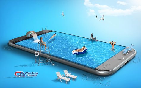 Working On The Beach, Phone Ads, Folder Cover Design, Phone Poster, Cut Paper Illustration, Mobile Banner, Advertising Pictures, Social Media Art, Banner Design Inspiration