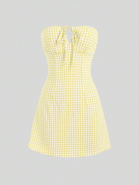 SHEIN MOD Women's Plaid Printed Strapless Tie-Waist DressI discovered amazing products on SHEIN.com, come check them out! Yellow Plaid Dress, Yellow Checkered, Dress Korean, Checkered Dress, Tie Waist Dress, Korean Dress, Yellow Plaid, Moda Vintage, Plaid Dress