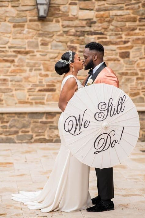 "Our \"We Still Do\" vow renewal anniversary parasol umbrellas are the perfect photography prop to use for your special day! A great addition to your vow renewal ceremony that will create unique wedding pictures. We will work with you to create your personalized parasol, hand painted with \"We Still Do\". Each parasol measures 32\" when fully extended and made from paper with a bamboo handle-parasols are available in natural white. View all of our parasols here: https://www.etsy.com/shop/exclusi Black And White Vow Renewal, We Still Do Photo Shoot, We Still Do, Umbrella Wedding Ceremony, 20 Year Vow Renewal Ideas, Vow Renewal Decorations, Backyard Vow Renewal Ideas, Wedding Anniversary Dresses, Unique Wedding Pictures