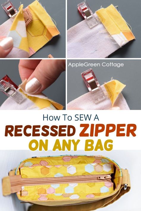 Bag Insert Pattern, Fabric Tote Bags With Zipper, Diy Zipper Bags And Totes, Sewing A Zipper In A Bag, Recessed Zipper Bag Tutorial, Sewing In A Zipper, How To Sew A Zipper On A Bag, Zippered Bags To Sew, How To Sew In A Zipper