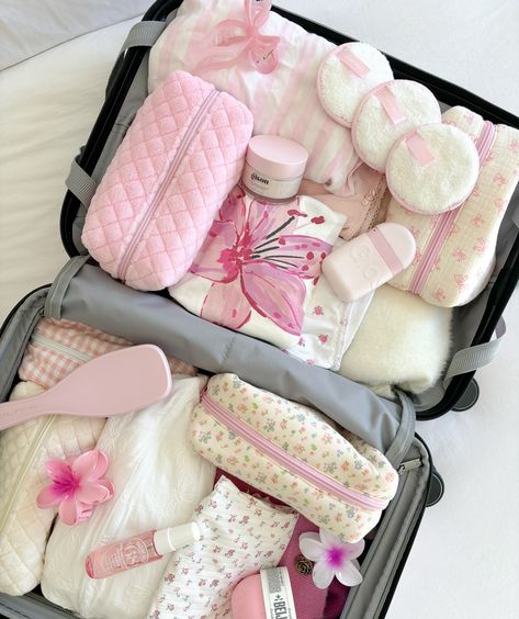 Travelling soon? Take our goodies with you! Perfect for storing all your makeup & skincare needs 🫶🏼💫🎀 #travelessentials #vacationmode #vaycay #packwithme #girlhood #girlythings #girlsgirlsgirls #pinkaesthetic Cr7 Jr, Cute Suitcases, Travel Bag Essentials, Pretty Pink Princess, Pink Lifestyle, Malibu Barbie, Instagram Travel, Suitcase Packing, What In My Bag