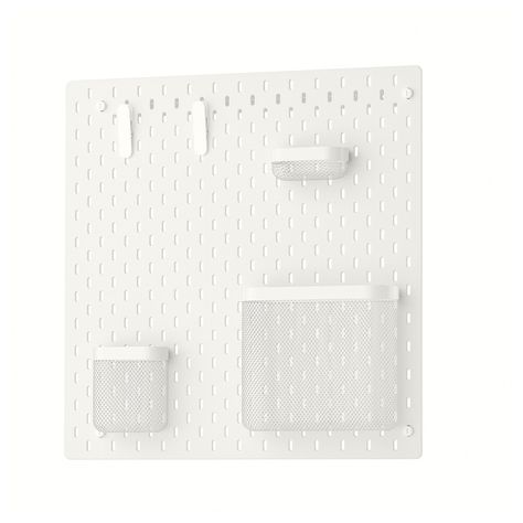 With SKÅDIS pegboard it's easy to organise all the rooms of the home and quickly find what you need. The accessories are easy to attach anywhere on the pegboard and easy to move when you like - no tools needed. Different wall materials require different types of fixing devices. Use fixing devices suitable for the walls in your home, sold separately. Rail for wall mounting included. Can also be used in bathrooms. Pegboard Basematerial: Fibreboard, Acrylic paint Metal parts: Steel, Powder coating Storage basket, set of 3 Steel, Powder coating Clip Basematerial: Steel, Epoxy/polyester powder coating Spring: Steel, Galvanized Assembly instructions SKÅDIS Pegboard 003.208.03 White Pegboard, Ikea Skadis, Ikea Finds, Shelf Hooks, Ikea Website, Ikea Desk, Ikea Family, Wall Organization, Wall Storage