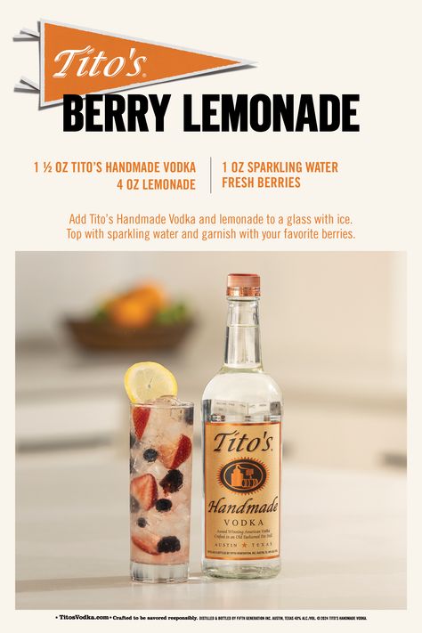 Prepping for the big game? Just grab Tito’s Handmade Vodka, lemonade, and fresh berries. Now that’s something everyone can agree on (no matter what team they’re rooting for). Simple, smooth, and naturally gluten-free. Cheers to game day with Tito’s. Wellness Photography, Berry Lemonade, Mommy Juice, Cocktail Drinks Alcoholic, Vodka Lemonade, Vodka Recipes, Happy Food, Mixed Drinks Recipes, Vodka Drinks