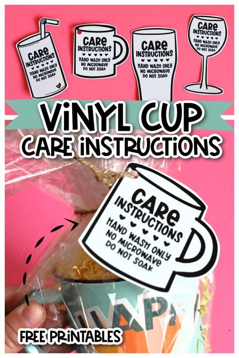 These care instructions for vinyl cups are free printables and are perfect to hand out along with your adhesive vinyl cups, wine glasses, and mugs. #cricut #silhouettecameo #svg #craftvinyl Mugs Cricut, Cricut Free, Scan And Cut, Cricut Creations, Cricut Projects Vinyl, Printable Vinyl, Vinyl Crafts, Glue Gun, Free Prints