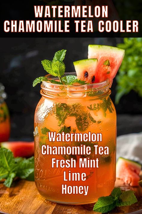 Refresh and unwind with Watermelon Chamomile Tea Cooler, a perfect blend of juicy watermelon and soothing chamomile tea. This easy-to-make recipe offers a delightful way to cool down on hot days, combining the hydrating benefits of watermelon with the calming effects of chamomile for a refreshing summer drink. Sun Tea Recipes Homemade, Iced Chamomile Tea Recipes, Watermelon Tea Recipe, Refreshing Summer Drinks Healthy, Chamomile Tea Recipe, Comfort Drinks, Watermelon Tea, Cocktail Board, Herbal Tea Recipes