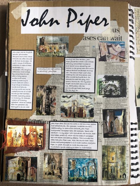 John Piper Artist Research Page, Gcse Architecture Sketchbook, Artist Study Gcse Sketchbook Ideas, Gsce Art Background Ideas, Gcse Art Sketchbook Layout Grade 9 Artist Research, Gcse Textiles Sketchbook Grade 9, Grade 9 Art Gcse Sketchbook, Gcse Art Sketchbook Layout Grade 9, Artist Research Page Gcse