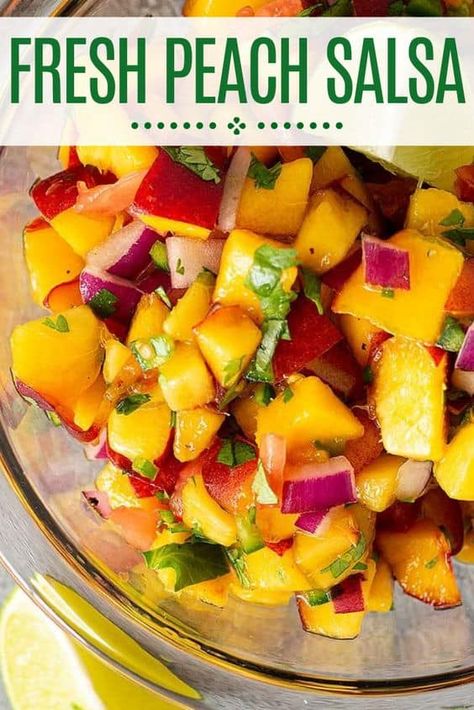 This recipe for Fresh Peach Salsa is bursting with the flavor of summer. It’s perfect for eating with chips or on top of chicken, pork, or fish. #peachsalsa #homemadesalsa Peach Salsa Recipes, Fresh Peach Recipes, Fresh Mango Salsa, Salsa Salsa, Processor Recipes, Strawberry Salsa, Salsa Guacamole, Peach Salsa, Spicy Salsa