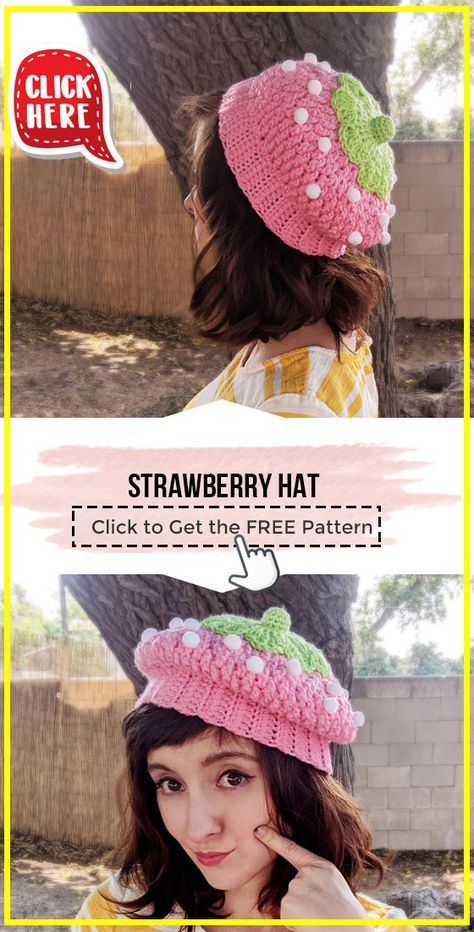 Crochet Strawberry Beret, Crochet Strawberry Bandana Pattern Free, Free Crochet Pattern For Hats, Crochet Cute Beanie, Strawberry Crochet Hat Pattern, Strawberry Hat Crochet Pattern Free, Cute Crochet Accessories Free Pattern, Strawberry Crochet Beanie, Strawberry Crochet Projects