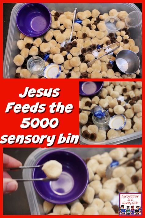 Jesus Feeds the 5000 sensory bin Animal Habitat Sensory Bin, Christian Sensory Bin, Bible Story Sensory Bins, Bible Sensory Bins, Jesus Feeds 5000 Activity, Jesus Feeds 5000 Craft, Jesus Feeds The 5000 Craft, Jesus Feeds The 5000, Feeding Of The 5000