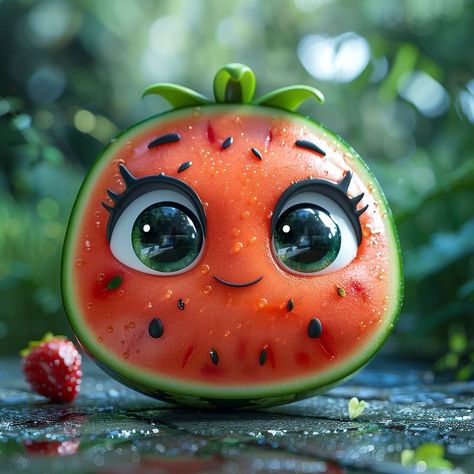 Kawaii Watermelon, Whimsical Food, Watermelon Images, Fruit Character, Watermelon Cartoon, Kawaii Fruit, Charmed Characters, Watermelon Summer, Kawaii Style