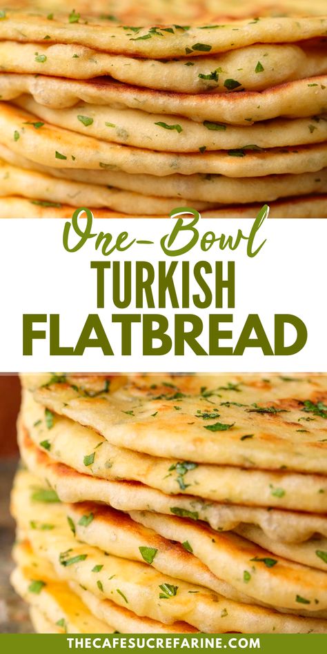 This One-Bowl Turkish Flatbread is the perfect, easy recipe that requires no mixer! This flatbread pairs deliciously with hummus, tabouli, and for wraps. These delicious, tender, pita-type flatbreads are cooked in a pan on the stovetop in minutes. Make this fantastic Turkish flatbread to pair with any of your dinners! Turkish Wrap Recipe, Kafka Recipe, Sour Cream Flatbread, Best Flat Bread Recipe, Mediterranean Flat Bread Recipes, Pita Grilled Cheese, Breakfast Flatbread Recipes, Easy Turkish Bread Recipe, Flatbread Filling Ideas