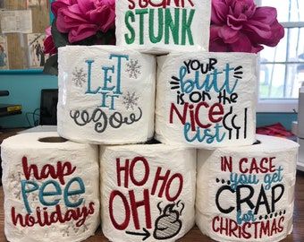 Christmas Wrapper, White Elephant Christmas, Emergency Toilet, Embroidered Toilet Paper, Christmas Toilet Paper, Affordable Christmas Gifts, Commercial Embroidery Machine, Toilet Paper Crafts, Funny Bathroom Decor