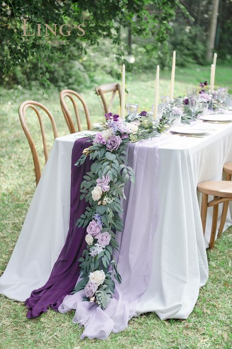 Lavender Wisteria, Banyan Leaf, Lavender Wedding Theme, Wisteria Wedding, Tangled Wedding, Eucalyptus Flower, Purple And Green Wedding, Purple Table, Purple Wedding Theme