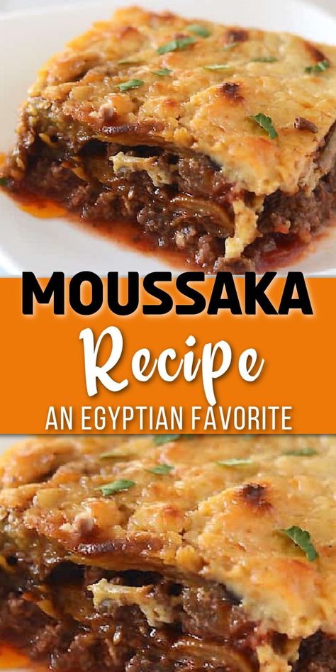 squares of ground beef and eggplant with a bechamel layer with Pinterest overlay. Mousaka Recipe Eggplant, Mousaka Recipe Aubergine, Cheap Middle Eastern Meals, Mousaka Recipe Egyptian, Arabic Eggplant Recipes, Mousaka Recipe Best, Egyptian Eggplant Recipe, Musaka Recipe Eggplant, Egyptian Moussaka Recipe