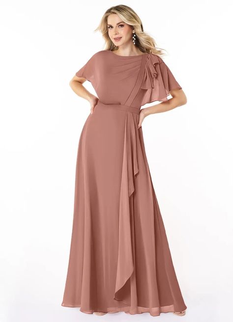 Dusty Rose Aaliyah Try-on Dress Sample Dress Modest Bridesmaid Dresses | Azazie Formal Gowns Elegant Modest, Modest Bridesmaid Dresses With Sleeves, Formal Gowns Elegant, Modest Bridesmaid Dresses Long, Brides Mom, Gowns Elegant, Bridesmaid Dresses Azazie, Chiffon Long Dress, Bridesmaid Dresses With Sleeves