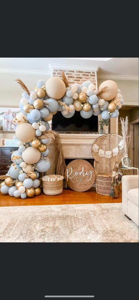 Pottery Barn Baby Shower, Babyboy Baby Shower Theme Ideas, Boho Baby Shower Balloon Arch, Blue Baby Shower Balloon Arch, Baby Shower Baloon Arch, Baby Shower Color Themes Boy, Boy Babyshower Decoration Ideas, Baby Boy Themes For Showers, Baby Boy Boho Shower Ideas