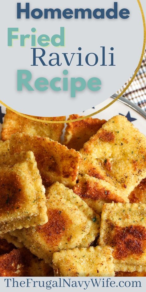 This Homemade Fried Ravioli Recipe is super simple and so versatile that it can be made to everyone's liking! #friedravioli #appetizer #sidedish #easyrecipes #frugalnavywife #homemade | Appetizer | Easy Recipes | Homemade | Fried Raviolis | Ravioli Recipes Homemade Taco Pizza Recipes, Fried Ravioli Recipe, Homeschool Meals, Ravioli Recipes, Fried Ravioli, Appetizer Easy, Homemade Appetizer, Easy Meals For Two, Frugal Recipes