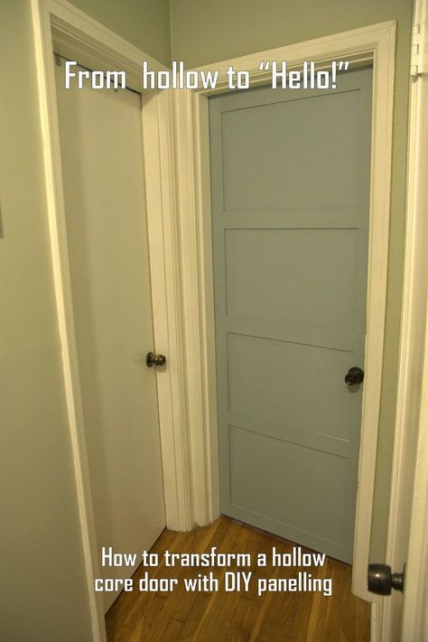 Plain Door To Paneled Door, How To Improve Interior Doors, Old Door Remodel, Bedroom Door Transformation, Hollow Core Doors Makeover, Diy Door Transformation, Add Trim To Hollow Core Door, Painting Flat Doors, Diy Door Remodel