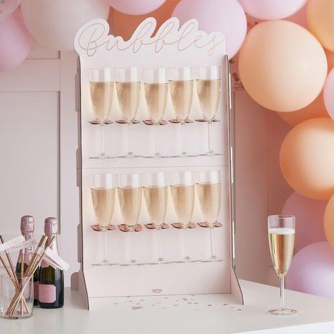 Rose Gold & Blush Prosecco Wall Stand | The Party Darling Luxury White Bridal Sets For Festive Occasions, Prosecco Wall, Drinks Stand, Prosecco Drinks, Elegant Party Decorations, Prosecco Bar, Pink Prosecco, Hen Party Decorations, Rose Gold Bride